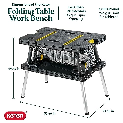 Keter Folding Work Table, Portable Workbench w/ 12" Clamps for Garage/Wood Shop - Heavy-Duty and All-Weather for DIY Home ...