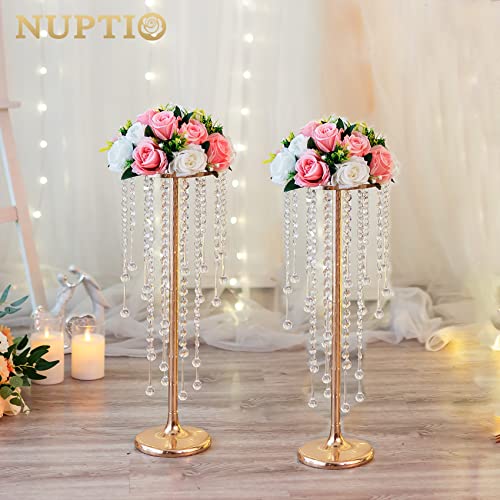 NUPTIO Wedding Centerpieces Gold Vases: 2 Pcs 21.7in Tall Crystal Flower Vase Metal Flowers Stand for Party Tables Decorat...