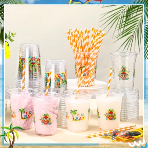 Jingmore 50 Pcs 16 oz Tiki Bar Plastic Cups Bulk with Lids and Straws Disposable Tropical Clear Drinking Cups for Tiki Bar...