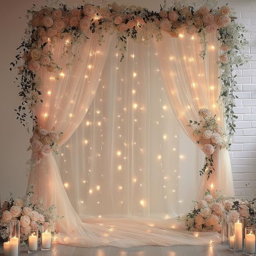 EMHOLDBU Champagne Tulle Backdrop Curtain with Lights String10x8ft Sheer Drapes for Wedding, Birthday, Baby Shower, Bridal...