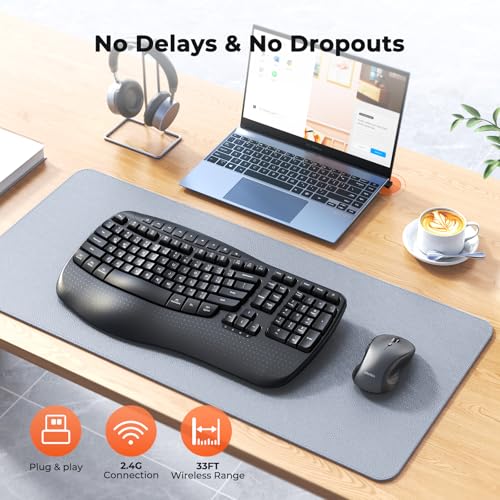 MEETION Ergonomic Keyboard and Mouse Wireless Combo, Wave Keys Natural Typing, 2.4G USB Receiver Wireless Keyboard with Wr...