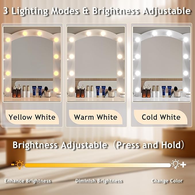 HIULOG Makeup Vanity Desk with Mirror, Vanity Desk with Lights and Mirror, Makeup Vanity with Drawers and Chair White Dressing Table