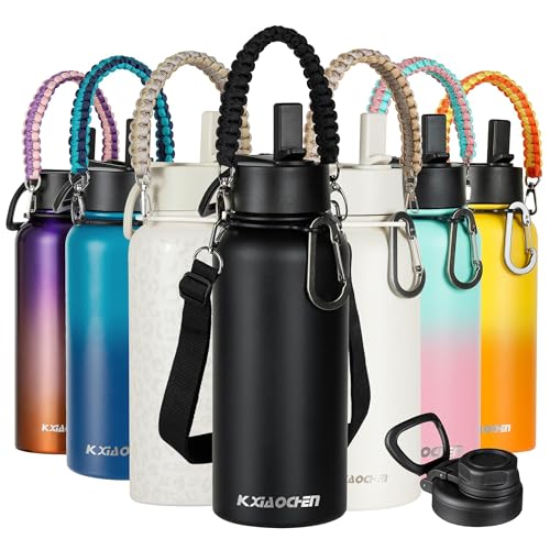 KXIAOCHEN Insulated Water Bottle, Stainless Steel Water Bottle, 2 Lids (Straw and Handle Lid),Wide Mouth Metal Water Bottl...