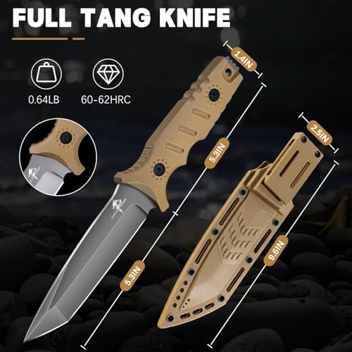 Purple Dragon Khaki Fixed Blade Outdoor Knife with Kydex Sheaths,D2 Steel Camping Knives for Bushcraft,Hiking and Wilderne...