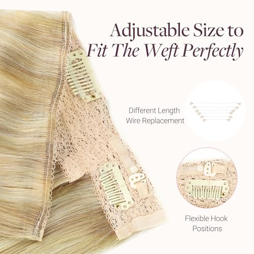 GOO GOO Wire Hair Extensions Human Hair, 16/22 Light Blondewith mix Golden Blonde Highlighted 16inch 95g, Invisible Wire Hair Extensions with Transparent, Seamless Fish Line Hairpiece