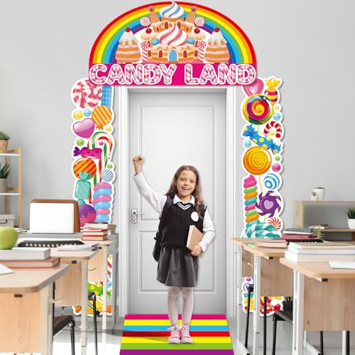 4Pcs Sweet Candyland Party Decorations Candy Door Covers Candyland Hanging Banner Backdrop Candy Land Store Porch Sign Col...