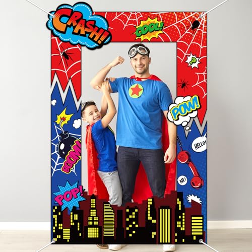 Fabric Comic Hero Photo Prop Super Theme Hero Birthday Party Decoration Red Spider Web Backdrop Banner Cityscape Theme Pho...