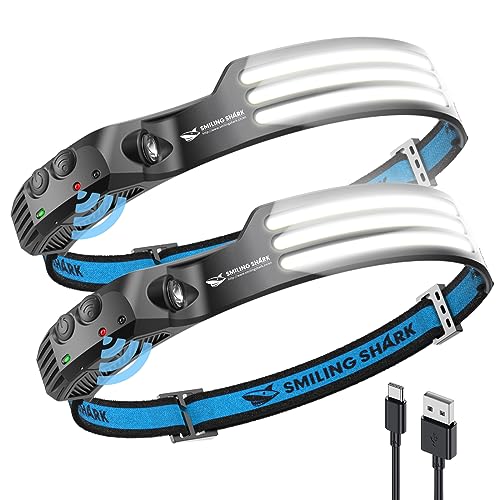 Smiling Shark LED Headlamp, 230°Wide Angle 3*White Light 2 Pack The Brightest Head Lamp Rechargeable Motion Sensor Waterpr...