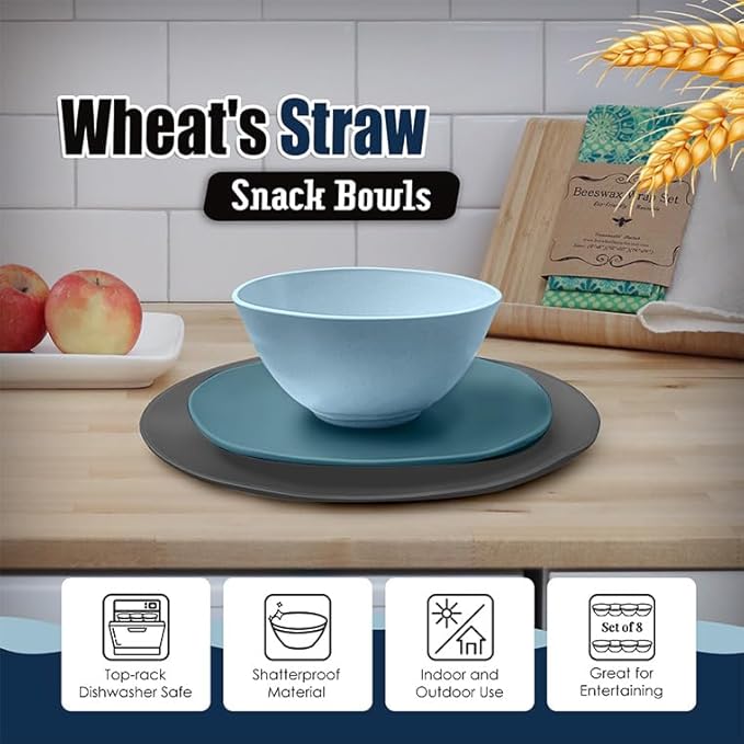 Teivio 32-Piece Kitchen Plastic Wheat Straw Dinnerware Sets, Service for 8, Dinner Plates, Dessert Plate, Cereal Bowls,Cups, Unbreakable Plastic Colorful Outdoor Camping Dishes, Irregular Oecan