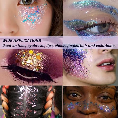 Body Glitter Gel, Face Glitter Gel,Hair Glitter, Holographi Sparkling Glitter Gel for Makeup, Chunky Glitter Concerts Musi...