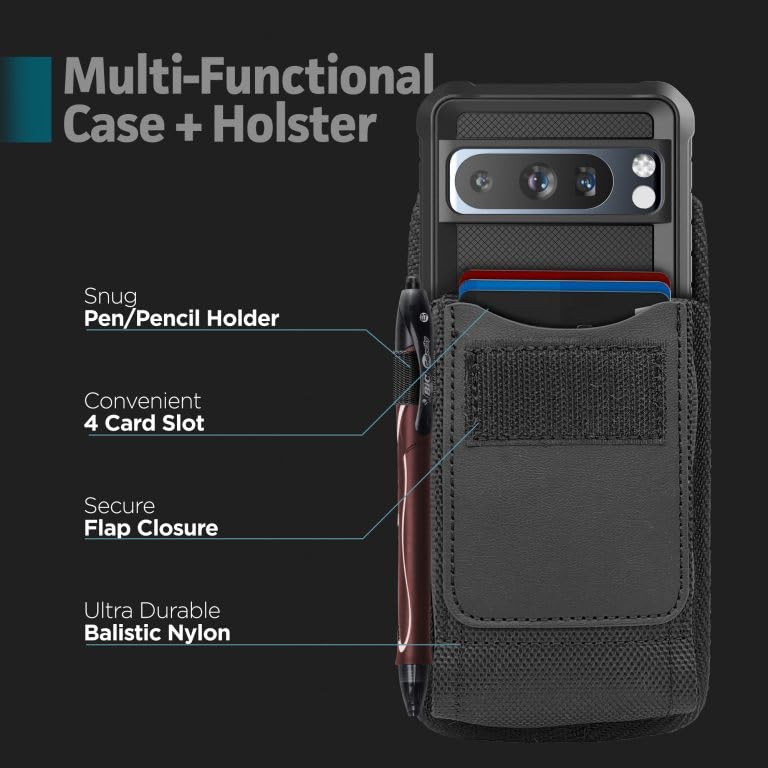 Encased 2-In-1 Case With Belt Pouch For Google Pixel 8 Pro Case - Shockproof Cover With Phone Holder Holster (Black)