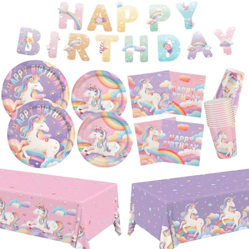 birthday Party Supplies Kit for 24 Guests - for Unicorn Birthday Decorations, Includes Dinner & Dessert Plates, Napkins, C...
