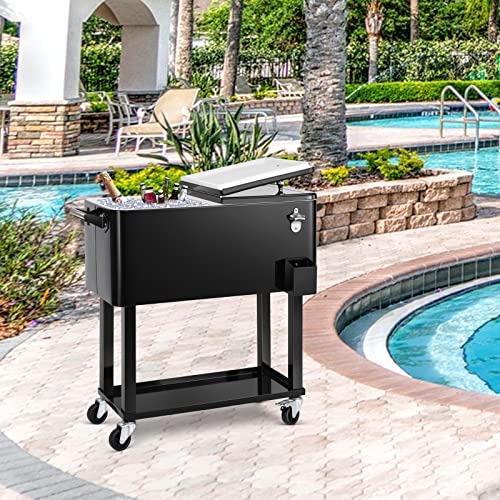 EDOSTORY 80 Quart Rolling Ice Chest Cooler Cart,Patio Backyard Party Drink Beverage Bar Stand Up Cooler Trolley with Ice S...