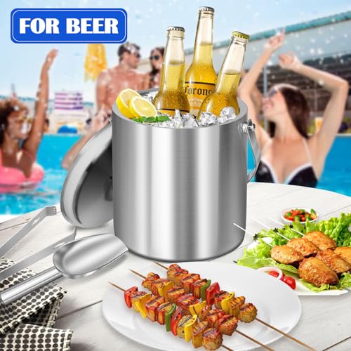 CAOANTRY Ice Bucket with Lid & Tong- Well Made Insulated Stainless Steel Keep Ice Frozen Longer - Ideal for Cocktail Bar, ...