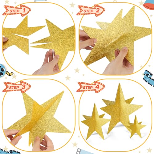 Sinload 45 Pcs 3D Star Centerpiece Movie Night Decoration for Table in 3 Sizes Hanging Supplie for Red Carpet Film Show Th...