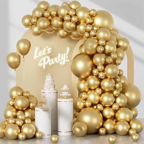 Awenztech 120pcs Metallic Gold Balloon Arch Kit, 18 12 10 5 inch Chrome Gold Latex Balloons Different Sizes Metallic Gold ...