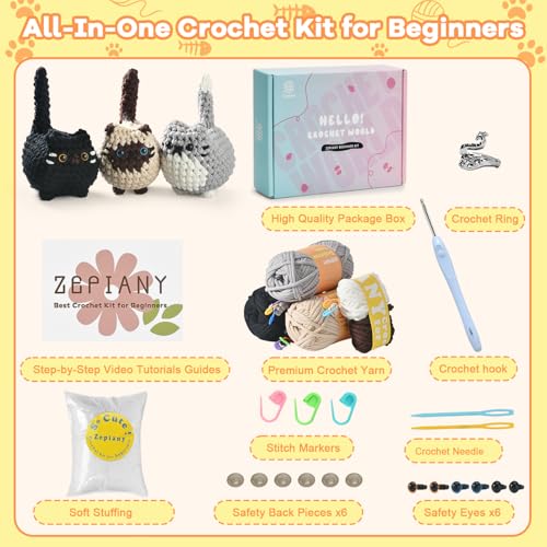 Zepiany Crochet Kit for Beginners, Crochet Cat Beginner Crochet Kit for Adults, Amigurumi Crochet Animals Cat Crafts Croch...