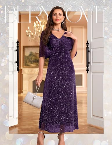 BeryLove Sequin Formal Cocktail Long Dress Evening Wedding Guest Mother of The Bride Dresses with Shawl