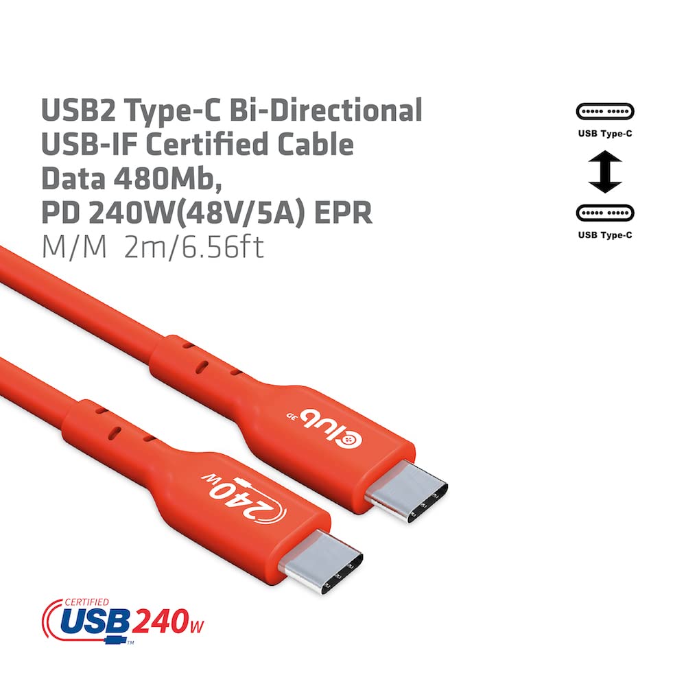 Club 3D Cac-1511 Usb2 Type C To Type C Certified Bi-Directional Cable With 240W Charging, 480Mb Data Transmission Epr 1M - 3.28F