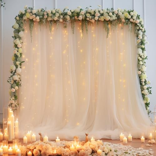 10×8ft Champagne Tulle Curtain Backdrop with Lights String for Parites, Sheer Backdrop Curtain Drapes for Wedding Photo Ba...