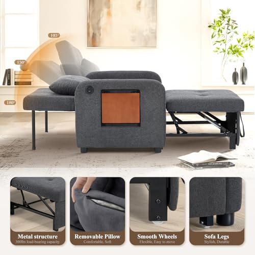 Convertible Sleeper Chair-Fabric Futon Sofa Bed, Single Sleeper Sofa, Small Couch Bed with USB Port, Foldable Table, Pillo...