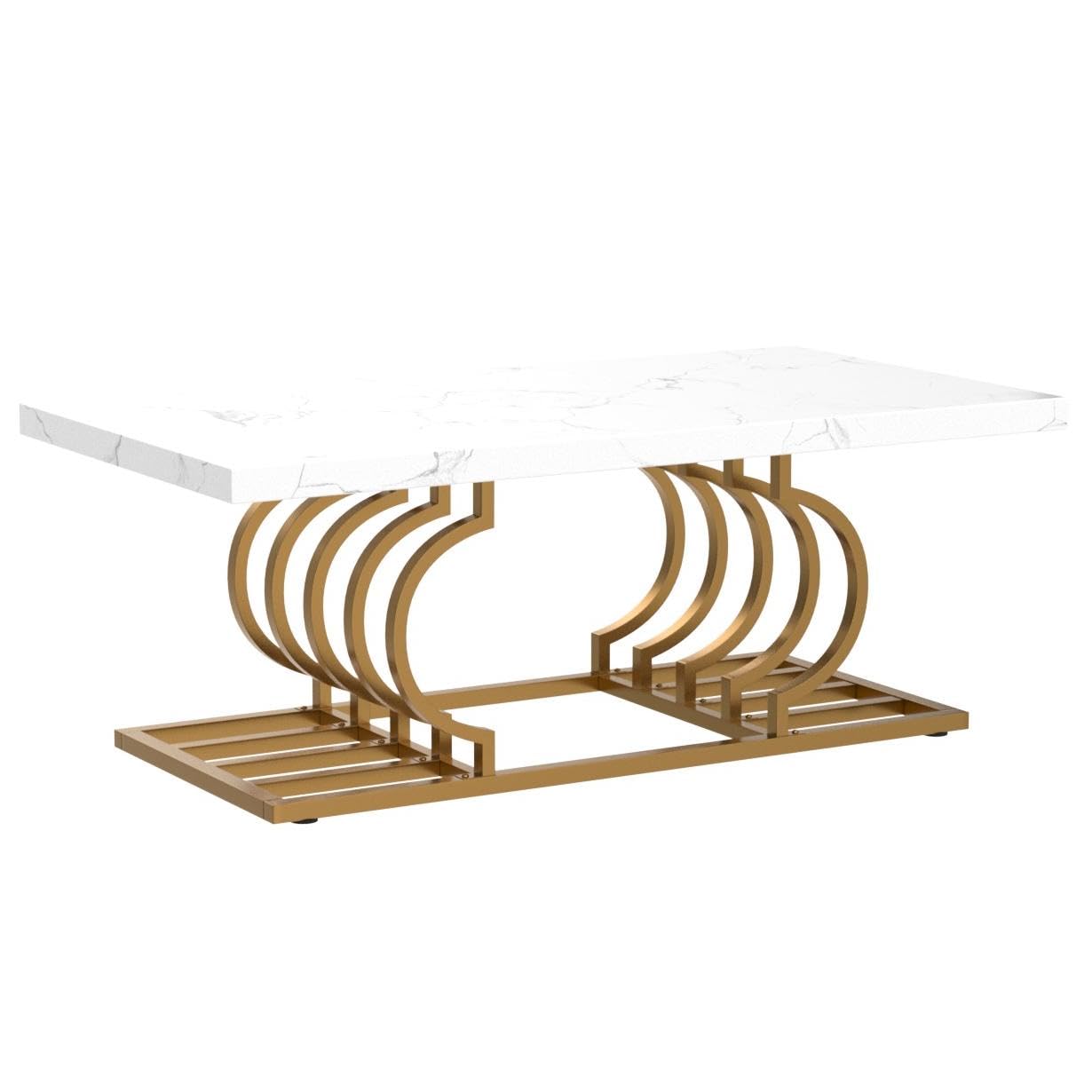 Tribesigns Modern Coffee Table, 47 Inch Faux Marble Cocktail Table with Geometric Frame, Rectangular Center Table Tea Table Accent Furniture for Living Room, Simple Assembly (White/Gold)