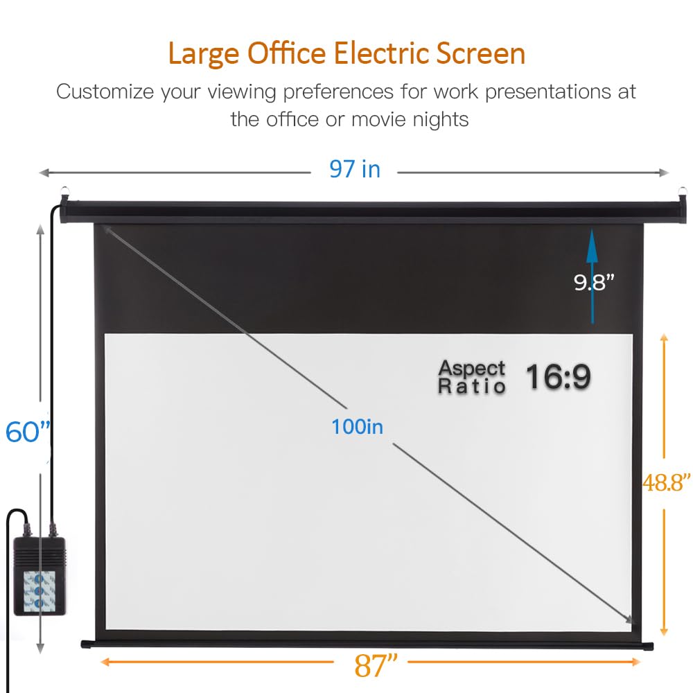 Motorized Projector Screen 100 inch 16:9 HD Diagonal Indoor and Outdoor Movie Screen with Remote Control for Family Home Office Theater, Black