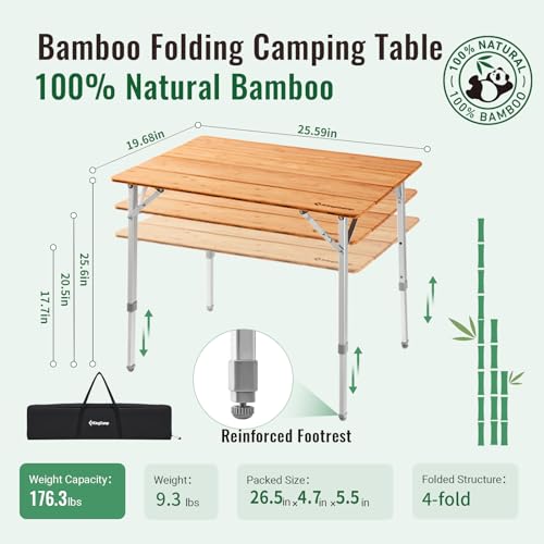 KingCamp Adjustable Height Folding Table, 4-Fold Bamboo Camping Outdoor Portable RV Camp Table with Carry Bag for Outdoor ...