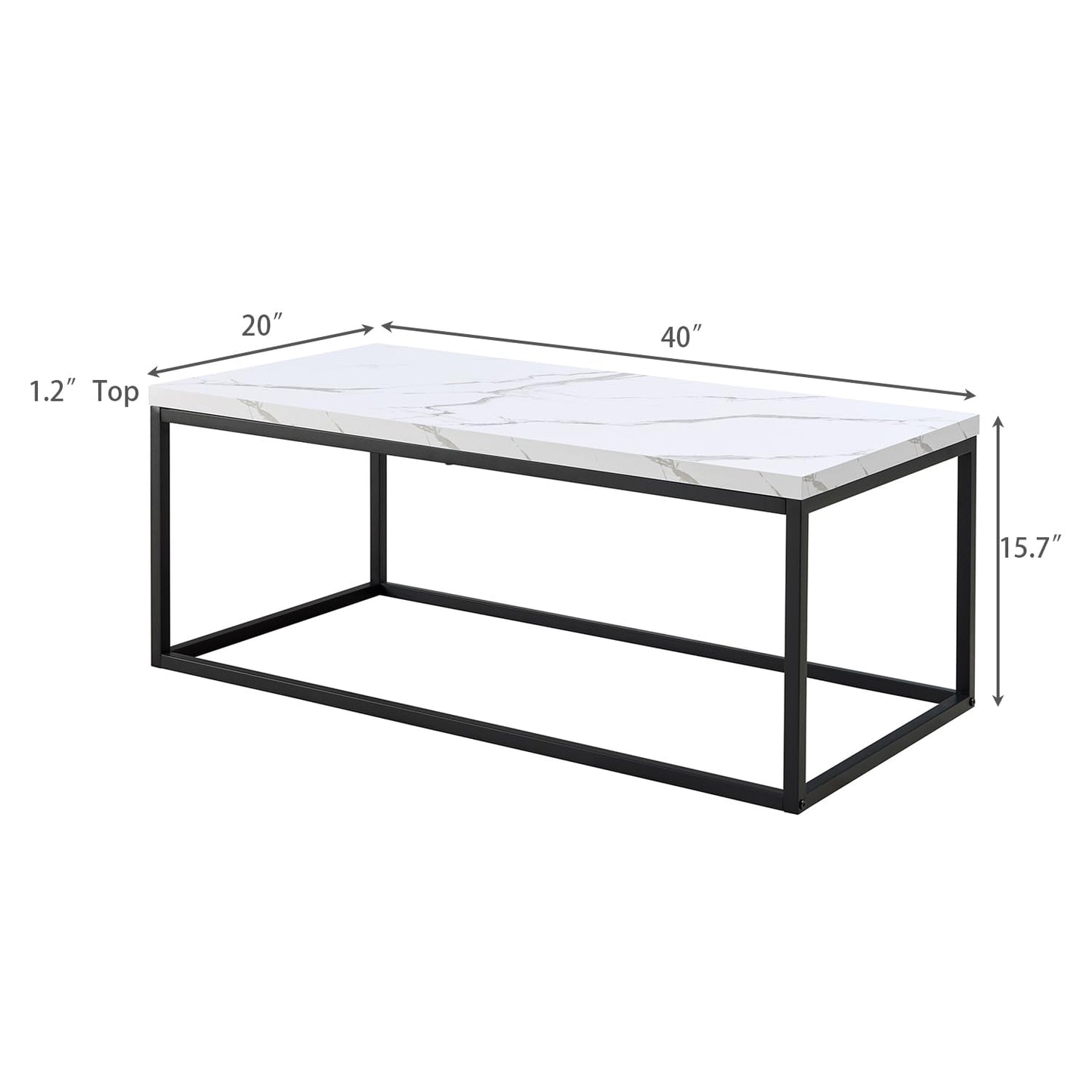 CENSI 40" White Marble Coffee Table for Living Room, Modern Rectangle Cocktail Table with Black Metal Legs, Industrial Faux Stone Center Table, Extra Thick Top, Sturdy & Easy Assembly