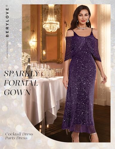BeryLove Sequin Formal Cocktail Long Dress Evening Wedding Guest Mother of The Bride Dresses with Shawl