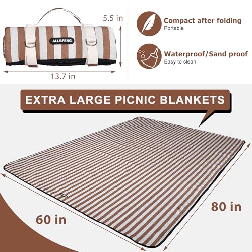 Striped Picnic Blanket Waterproof & Sand Proof, 5-Layer Beach Blanket Portable with Carry Strap, Extra Large Foldable Picn...