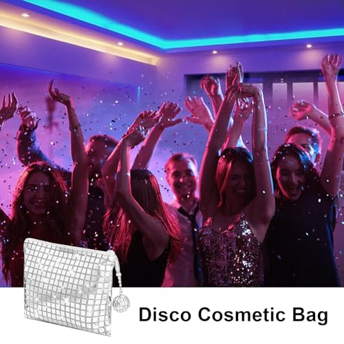 JDRGJTH 6 Pack Disco Cosmetics Bag, Makeup Bag, Portable Silver Sequins Glitter Mirror Foil Zipper Handbag with Disco Acce...