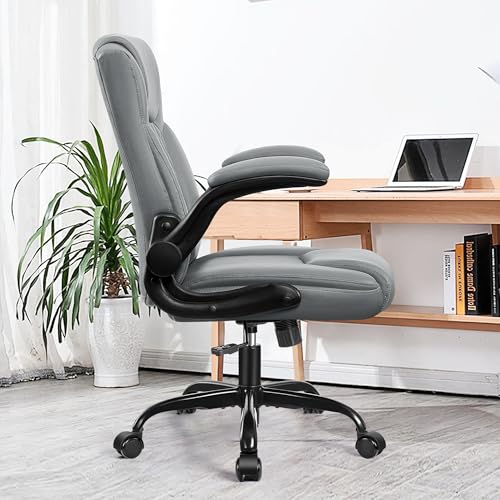 HeroSet Leather Office Chair, Ergonomic Home Office Desk Chair with Adjustable Flip-Up Arms and Lumber Support, Computer C...