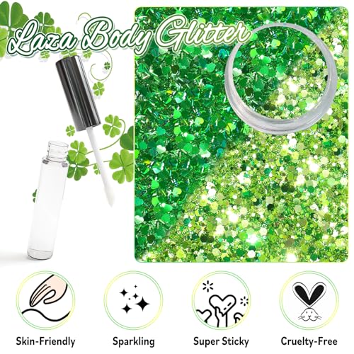 Laza 2 Jars St. Patrick’s Day Body Glitter Iridescent Chunky Sequins with Glitter Glue Women Eyeshadow Makeup Face Paint F...