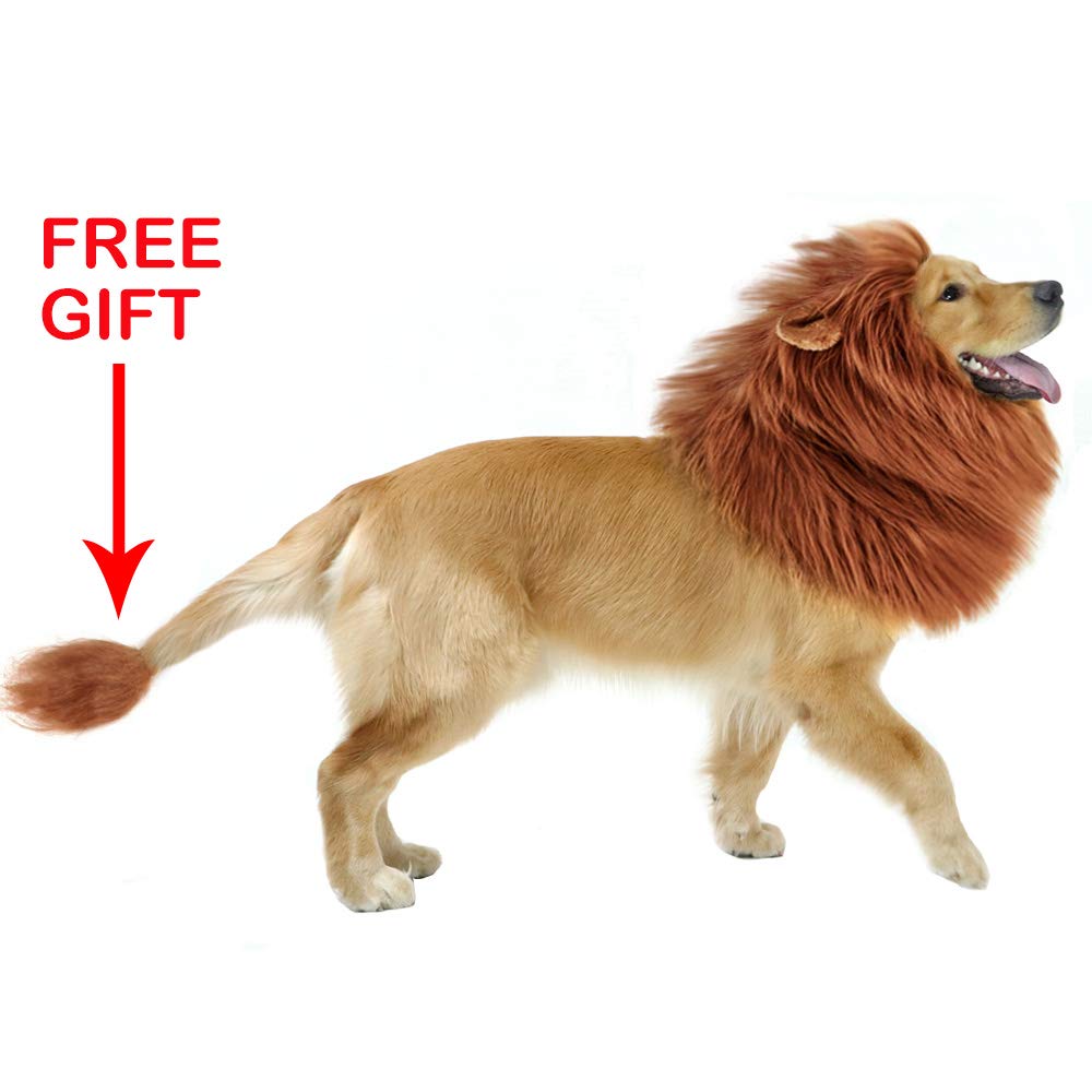 NEWBEA Lion Mane for Dog Costume, Dog Lion Mane, Realistic Funny Lion Wig for Medium to Large Sized Dogs, Halloween Fancy Dog Lion Costume (Dark Brown with Ear Tail)