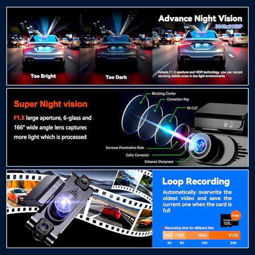 4K 360° DashCam for Cars,4 Channel Car Dash Cam Front and Rear Inside with 128GB Card Included,Voice Control,5.8G WiFi GP...