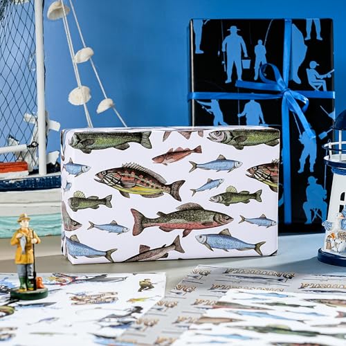 WRAPAHOLIC Fishing Wrapping Paper Sheet - 12 Sheets Folded Flat - Adventure Fishing and Fishhook 4 Design for Angler Fish ...