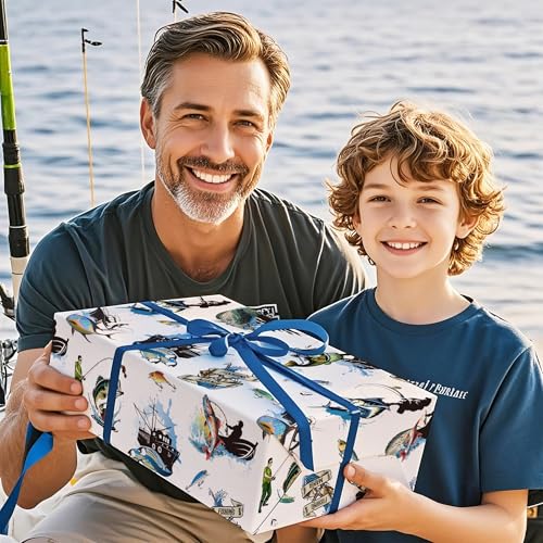 WRAPAHOLIC Fishing Wrapping Paper - Mini Roll - 17 Inch x 16.5 Feet - Adventure Fishing Birthday Wrapping Paper Perfect fo...