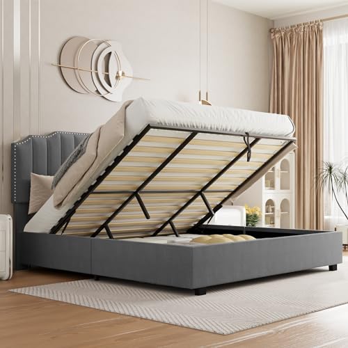 MaiDeHaoo Queen Size Lift Up Storage Bed with Headboard, Velvet Bed Frame with Headboard, Platform Bed with Lift Up Storage, Wood Slats Support, No Noise, Gray