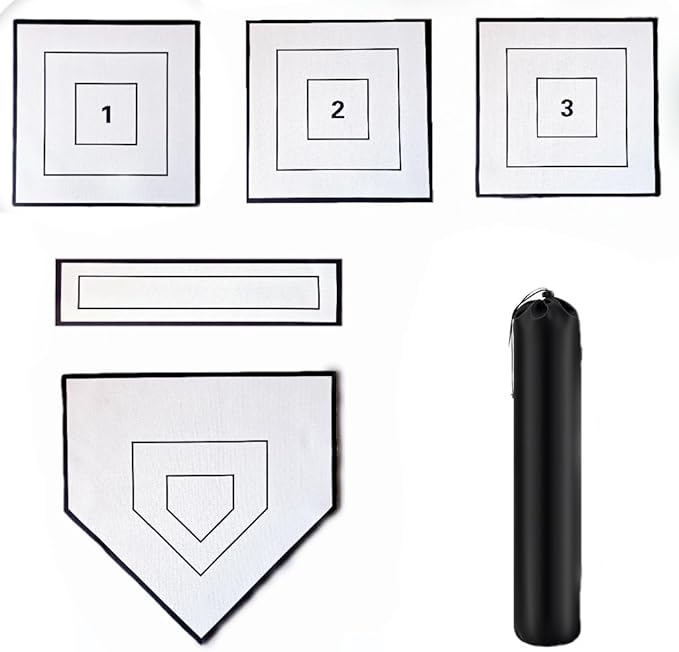 YiG9Sugr Baseball & Softball 5 Piece Base Set with Portable Carrying Bag 3 Throw Down Bases 1 Homeplate 1 Pitching Rubber, Flexible Anti-Slip Weather Resistant Rubber Bases for Yard Games
