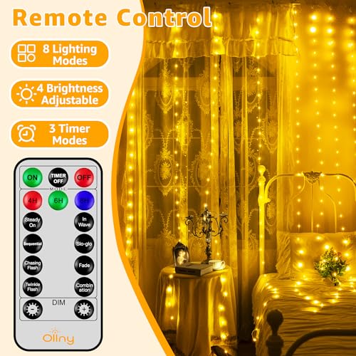 Ollny Curtain Lights 300LED 9.8ftx9.8ft, Connectable IP67 Waterproof Outdoor Curtain String Lights with Remote, Plug-in Un...
