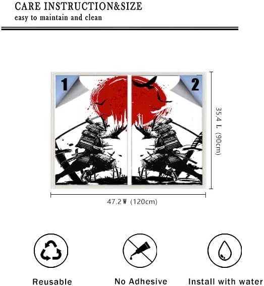 Japanese Samurai Stained Glass Film Watercolor Ink Samurai Sword Red Sun Printwindow Tinting Film for Home,Window Film Stained Glass 23.6Wx35.4L-Inch X2Pcs