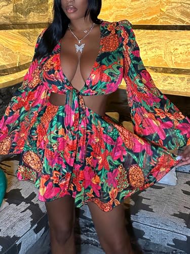 BEAUDRM Women's Sexy Summer Tropical Mini Dress Y2K Deep V Cut Out Dresses Long Bell Sleeve Vacation Tie Front Sundress