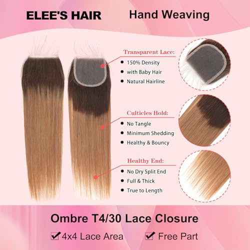 Ombre Straight Hair Bundles With Closure 12A Brazilian Virgin Remy Human Hair 2 Tone T4/30 Ombre Straight Human Hair Bundles with 4x4 Lace Closure Free Part (12 14 16 +12)