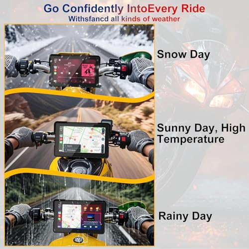 YCV 7" Wireless Motorcycle CarPlay with Android Auto, HD Waterproof GPS Navigation System Touchscreen, Anti-Theft Design Q...