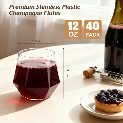40 Pack 12oz Diamond Plastic Wine Glasses, Disposable Stemless Wine Cups - Shatterproof, Unbreakable & BPA-Free, Recyclabl...