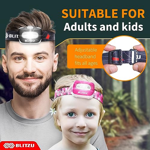 BLITZU LED Headlamp Flashlight for Adults & Kids, Lightweight, Waterproof Head Lamp with White & Red Light, Comfortable He...