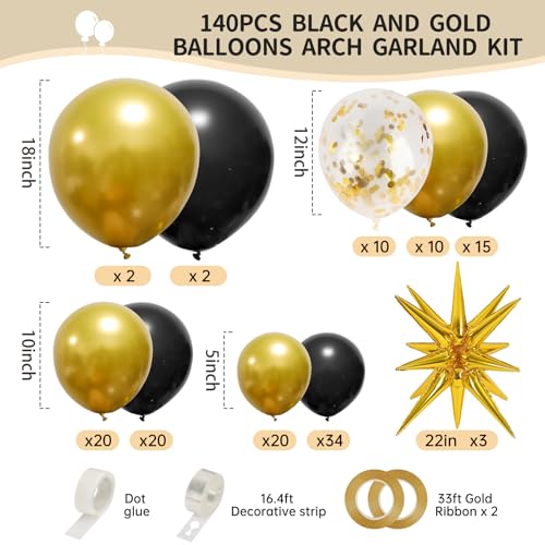 RUBFAC 140pcs Black and Gold Balloons, Black Metallic Gold Confetti Star Latex Balloons 5 10 12 18 Inch for 2026 New Year ...