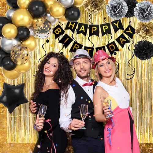 Black and Gold Birthday Party Decorations Kit for Men Women, Cheers Beer Confetti Black Gold Balloon Happy Birthday Banner...
