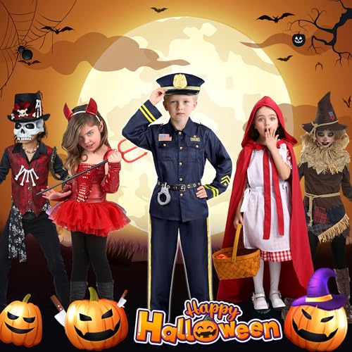 Police Officer Costume for Kids, Cop Costume Outfit Set with Toy Accessories, Halloween Costumes for Boys